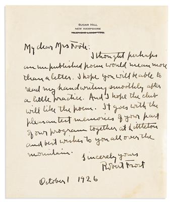 FROST, ROBERT. Two items: Autograph Manuscript Signed, his poem entitled "Acceptance" * Autograph Letter Signed, sending the poem.